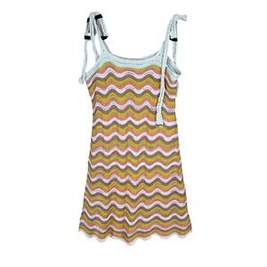 Lulus Crochet Mini Dress XL Pink Yellow Chevron Wave Tie Strap Boho Lined